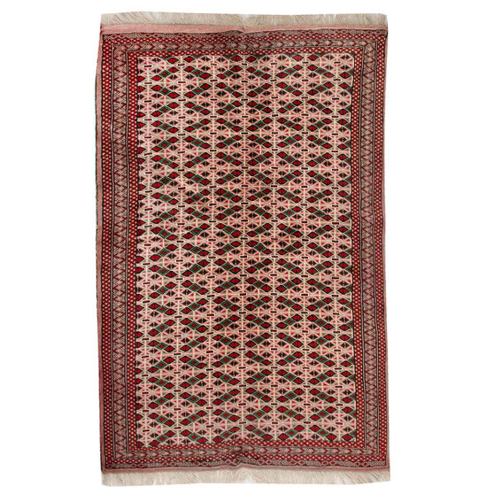Turkmen Persian Rug 6x4 ft - Semi Antique Vaghireh Geometric Crimson, Cream, Navy Blue Hand Knotted | front view | SKU 110127