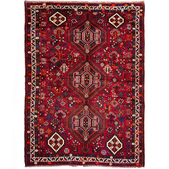 Shiraz Persian Rug 8x5 ft - Semi Antique Medallion Geometric Madder Red, Burgundy, Cream Hand Knotted | front view | SKU 112738