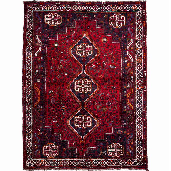Shiraz Persian Rug 8'10" x 5'11" - Semi Antique Geometric Blue, Red Hand Knotted | front view | SKU 112740