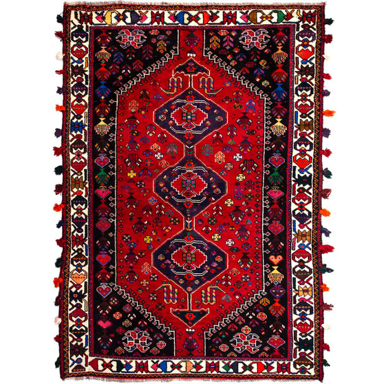 Shiraz Persian Rug 8x5 ft - Semi Antique Medallion Geometric Madder Red, Dark Red, Navy Blue Hand Knotted | front view | SKU 112741