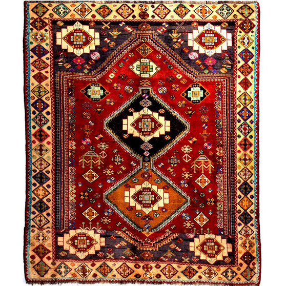 Shiraz Persian Rug 6x5 ft - Semi Antique Medallion Geometric Madder Red, Cream, Black Hand Knotted | front view | SKU 112742