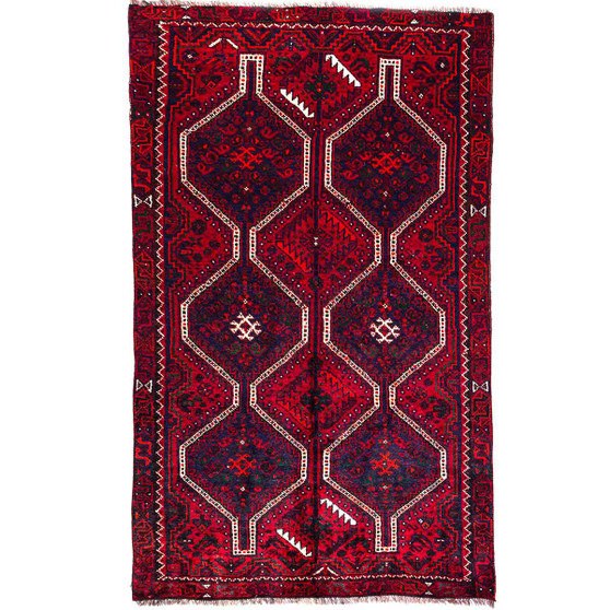 Shiraz Persian Rug 7x4 ft - Semi Antique Geometric, Tribal and Nomadic Madder Red, Dark Red, Navy Blue Hand Knotted | front view | SKU 112744