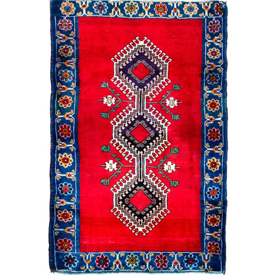 Yalameh Persian Rug 5'4" x 3'3" - Semi Antique Medallion Crimson, Navy Blue Hand Knotted | front view | SKU 112748
