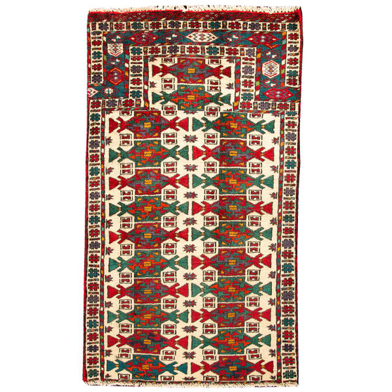 Turkmen Persian Rug 3'7" x 1'12" - Semi Antique Geometric Crimson, Navy Blue Hand Knotted | front view | SKU 110128