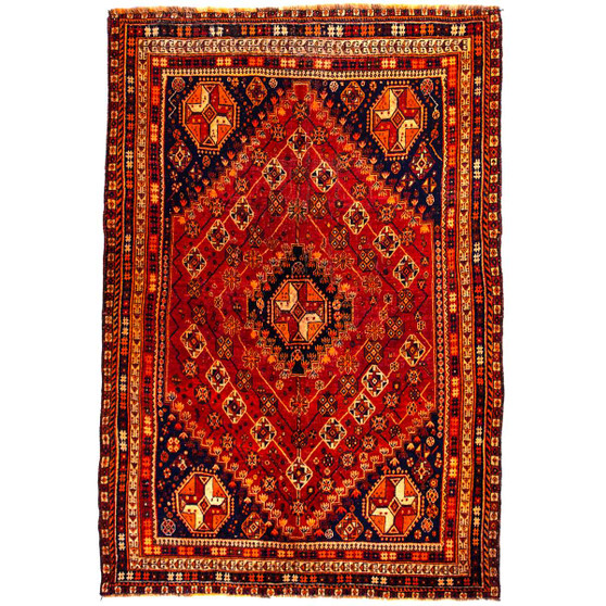 Shiraz Persian Rug 7'10" x 5'4" - Semi Antique Geometric Blue, Red Hand Knotted | front view | SKU 112750