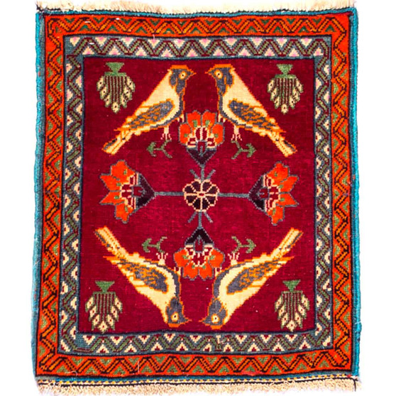 Shiraz Persian Rug 2x1 ft - Semi Antique Tree of Life, Geometric Madder Red, Cream, Navy Blue Hand Knotted | front view | SKU 112758