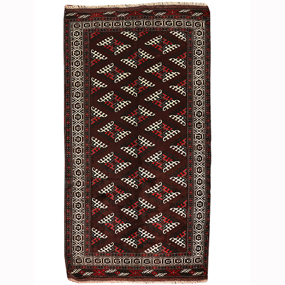 Turkmen Persian Rug 9'2" x 4'11" - Semi Antique Geometric Crimson, Navy Blue Hand Knotted | front view | SKU 110129