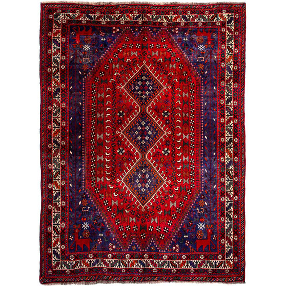 Shiraz Persian Rug 9x6 ft - Semi Antique Medallion Geometric Madder Red, Navy Blue, Ivory Hand Knotted | front view | SKU 112759