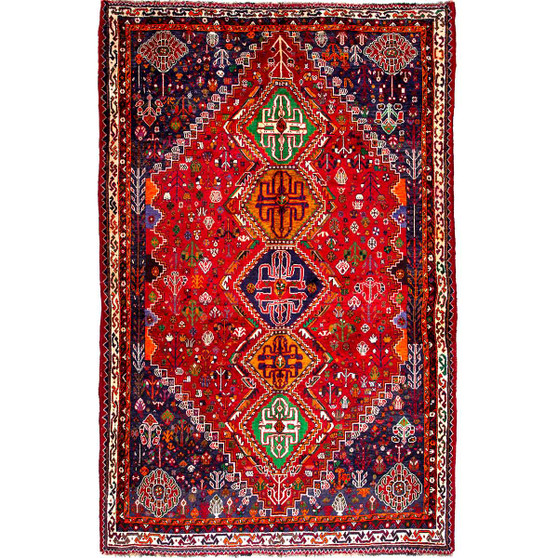 Shiraz Persian Rug 8'8" x 5'7" - Semi Antique Geometric Blue, Red Hand Knotted | front view | SKU 112760