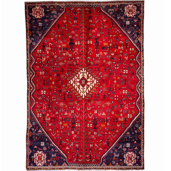 Shiraz Persian Rug 9x6 ft - Semi Antique Medallion Geometric Red, Navy Blue, Ivory Hand Knotted | front view | SKU 112762