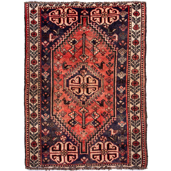 Shiraz Persian Rug 4'9" x 3'7" - Semi Antique Geometric Blue, Red Hand Knotted | front view | SKU 112765