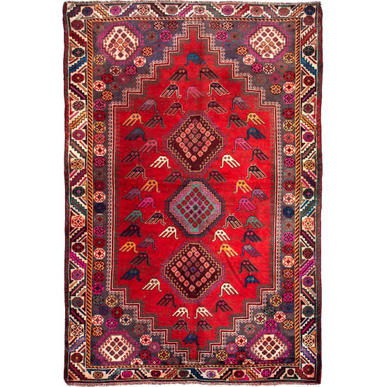 Shiraz Persian Rug 8'2" x 5'4" - Semi Antique Geometric Blue, Red Hand Knotted | front view | SKU 112766