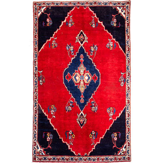 Shiraz Persian Rug 8x4 ft - Semi Antique Geometric Blue, Red Hand Knotted | front view | SKU 112767