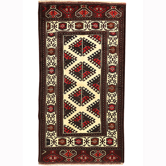 Turkmen Persian Rug 8'8" x 4'5" - Semi Antique Geometric Crimson, Navy Blue Hand Knotted | front view | SKU 110130