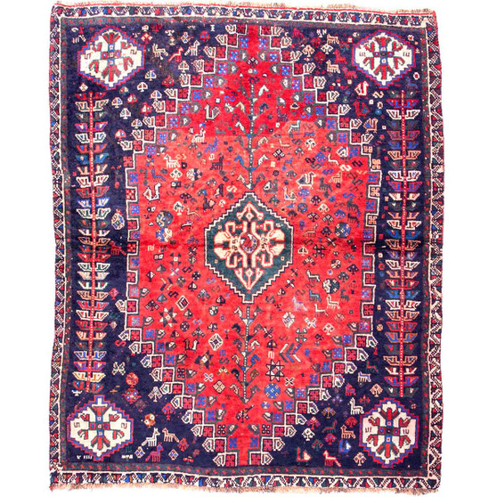 Shiraz Persian Rug 5'1" x 4'1" - Semi Antique Geometric Blue, Red Hand Knotted | front view | SKU 112769