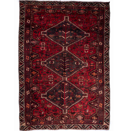 Shiraz Persian Rug 8x6 ft - Semi Antique Geometric Blue, Red Hand Knotted | front view | SKU 112770