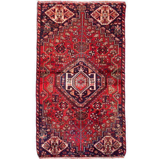 Shiraz Persian Rug 4x2 ft - Semi Antique Medallion Geometric Madder Red, Burgundy, Navy Blue Hand Knotted | front view | SKU 112771
