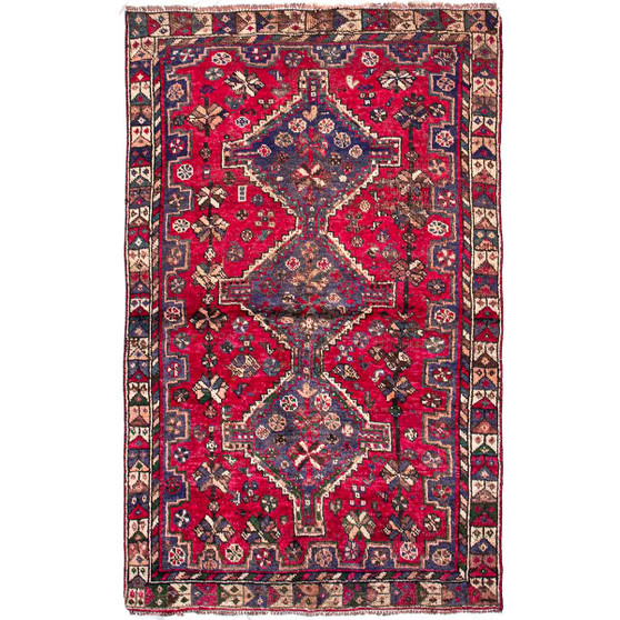 Shiraz Persian Rug 6x3 ft - Semi Antique Geometric Blue, Red Hand Knotted | front view | SKU 112777