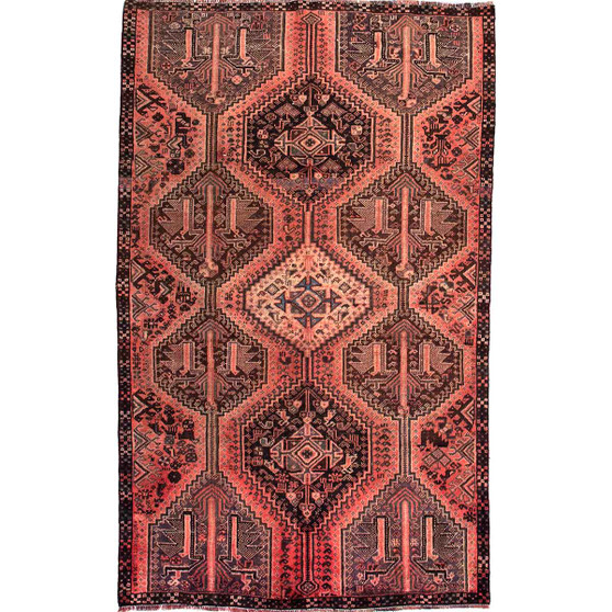 Shiraz Persian Rug 7x4 ft - Semi Antique Medallion (Toranj), Geometric Madder Red, Dark Red, Brown Hand Knotted | front view | SKU 112779