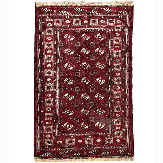 Turkmen Persian Rug 6x4 ft - Semi Antique Geometric Crimson, Navy Blue Hand Knotted | front view | SKU 110131