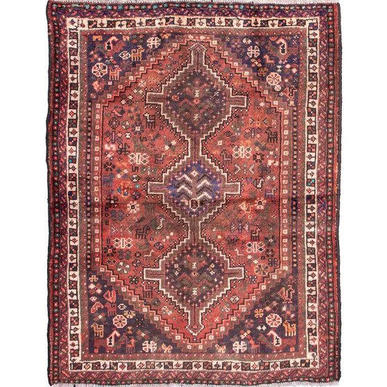 Shiraz Persian Rug 4'7" x 3'5" - Semi Antique Geometric Blue, Red Hand Knotted | front view | SKU 112783