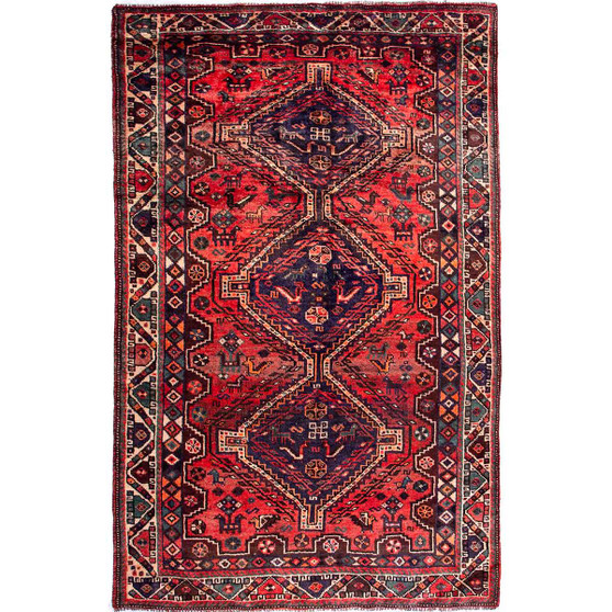 Shiraz Persian Rug 8'2" x 4'9" - Semi Antique Geometric Blue, Red Hand Knotted | front view | SKU 112785