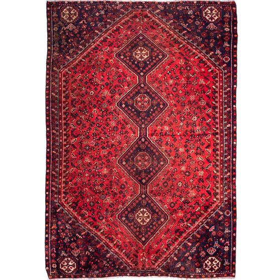 Shiraz Persian Rug 9'6" x 6'5" - Semi Antique Geometric Blue, Red Hand Knotted | front view | SKU 112786