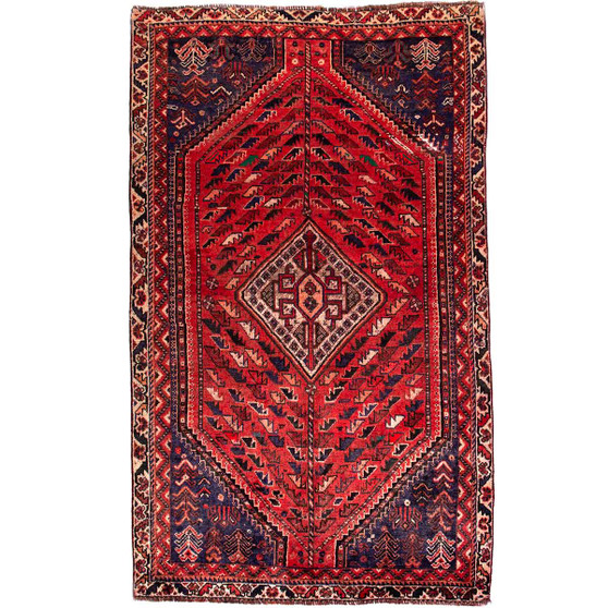 Shiraz Persian Rug 7'6" x 4'7" - Semi Antique Geometric Blue, Red Hand Knotted | front view | SKU 112788