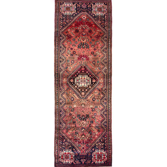 Shiraz Persian Rug 8'8" x 2'9" - Semi Antique Geometric Blue, Red Hand Knotted | front view | SKU 112791