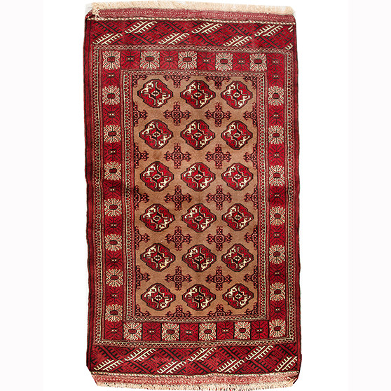Turkmen Persian Rug 6x3 ft - Semi Antique Geometric Crimson, Navy Blue Hand Knotted | front view | SKU 110132