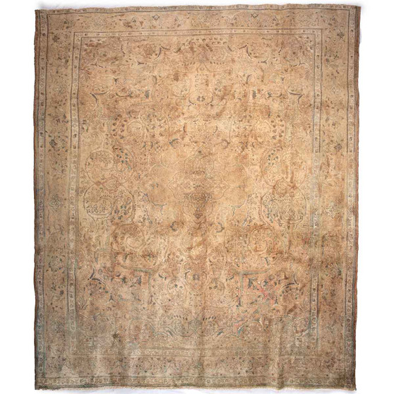 Tabriz Persian Rug 12x9 ft - Semi Antique Afshan All-Over, Shah Abbasi Camel, Taupe, Cream Hand Knotted | front view | SKU 112807