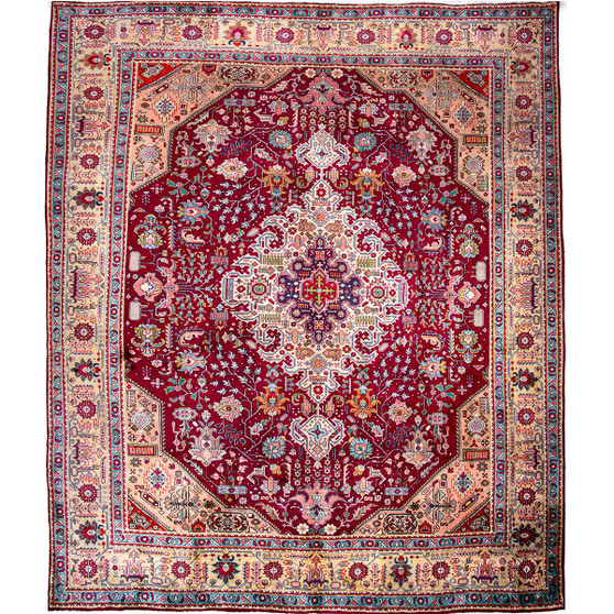 Tabriz Persian Rug 12'2" x 9'7" - Semi Antique Medallion Red, Cream Hand Knotted | front view | SKU 112811