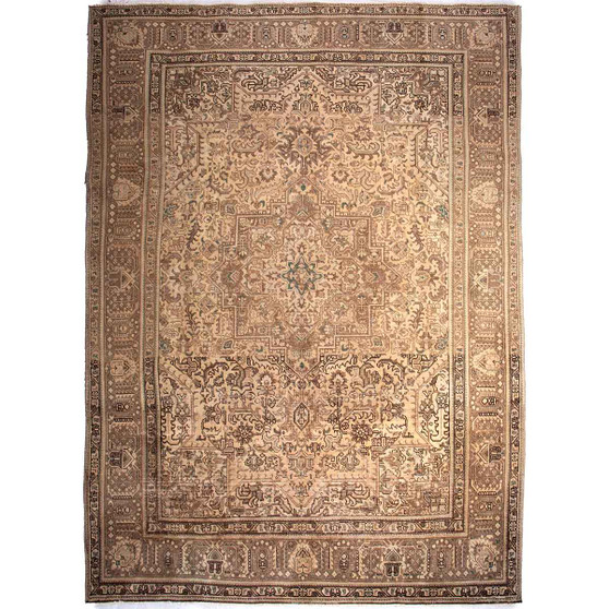 Tabriz Persian Rug 11x7 ft - Semi Antique Shah Abbasi, Medallion (Toranj) Cream, Camel, Brown Hand Knotted | front view | SKU 112812
