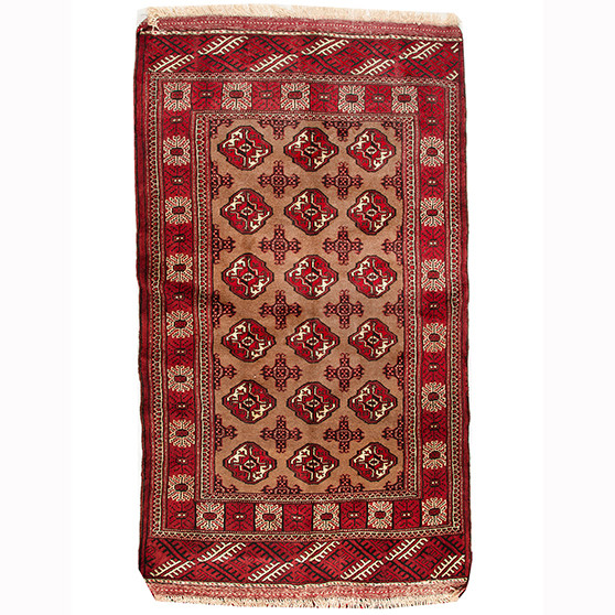 Turkmen Persian Rug 6x3 ft - Semi Antique Diamond Lattice, Geometric Madder Red, Camel, Cream Hand Knotted | front view | SKU 110133
