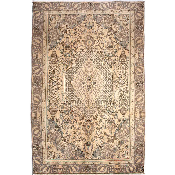 Tabriz Persian Rug 9'6" x 5'12" - Semi Antique Medallion Red, Cream Hand Knotted | front view | SKU 112817