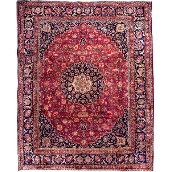Tabriz Persian Rug 12x9 ft - Semi Antique Medallion (Toranj), Shah Abbasi Madder Red, Navy Blue, Cream Hand Knotted | front view | SKU 112819