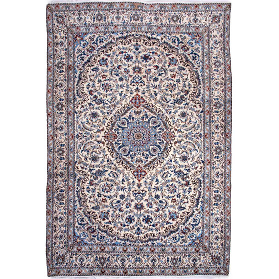 Nain Persian Rug 9'6" x 6'5" - Semi Antique Medallion Cream, Beige Hand Knotted | front view | SKU 112821