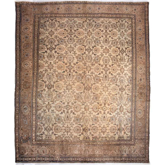 Tabriz Persian Rug 12x9 ft - Semi Antique Afshan All-Over, Shah Abbasi Cream, Camel, Brown Hand Knotted | front view | SKU 112822