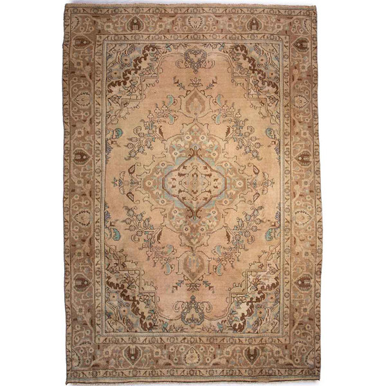 Tabriz Persian Rug 10'0" x 6'6" - Semi Antique Medallion Red, Cream Hand Knotted | front view | SKU 112823
