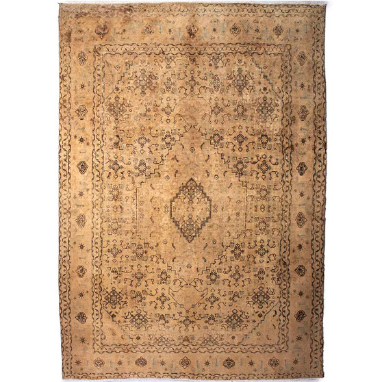 Tabriz Persian Rug 9'10" x 6'7" - Semi Antique Medallion Red, Cream Hand Knotted | front view | SKU 112824
