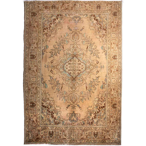 Tabriz Persian Rug 9'10" x 6'6" - Semi Antique Medallion Red, Cream Hand Knotted | front view | SKU 112825