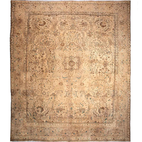 Tabriz Persian Rug 13x10 ft - Semi Antique Medallion Toranj, Shah Abbasi Cream, Beige, Brown Hand Knotted | front view | SKU 112827