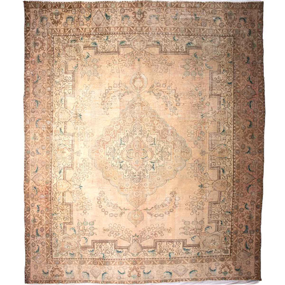 Tabriz Persian Rug 12x9 ft - Semi Antique Medallion Red, Cream Hand Knotted | front view | SKU 112830