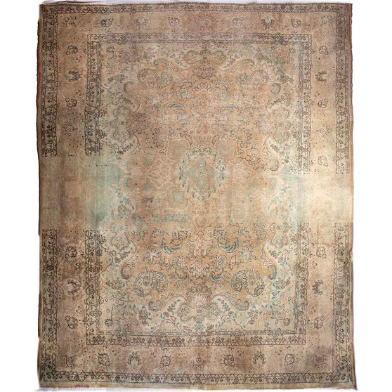 Tabriz Persian Rug 13x10 ft - Semi Antique Medallion (Toranj), Shah Abbasi Beige, Cream, Ivory Hand Knotted | front view | SKU 112831