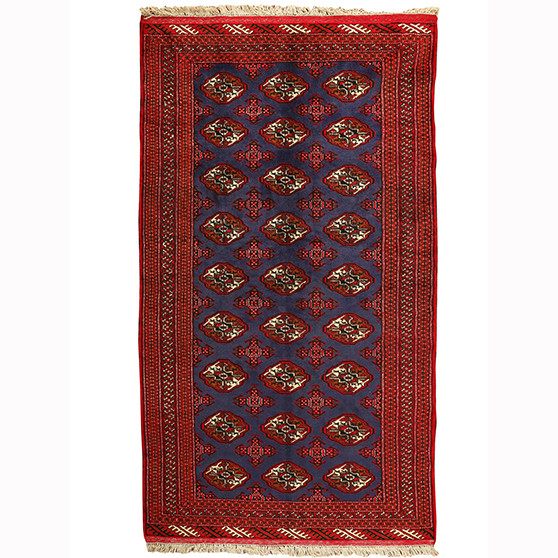 Turkmen Persian Rug 7x4 ft - Semi Antique Geometric, Turkmen Gul Crimson, Navy Blue, Madder Red Hand Knotted | front view | SKU 110135