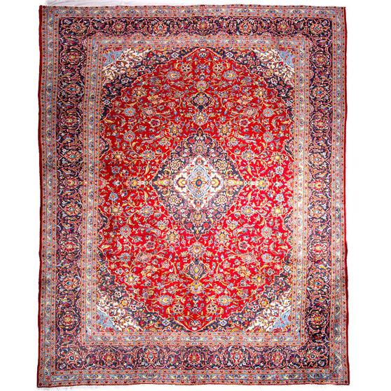 Kashan Persian Rug 12x9 ft - Semi Antique Medallion Crimson, Navy Blue Hand Knotted | front view | SKU 112837