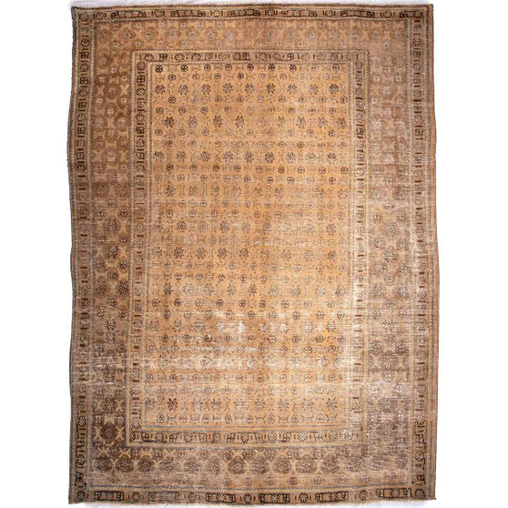 Tabriz Persian Rug 9x6 ft - Semi Antique Afshan All-Over, Herati Mahi Camel, Brown, Cream Hand Knotted | front view | SKU 112844
