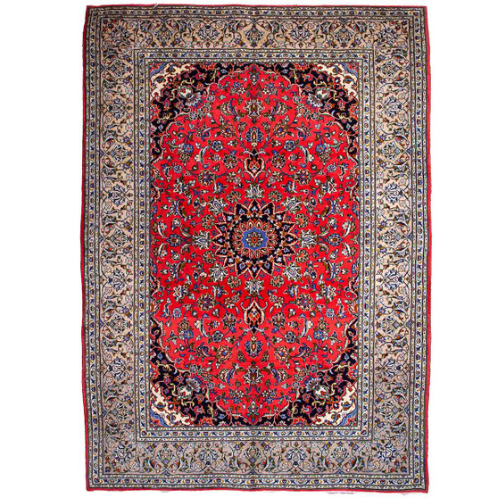 Yazd Persian Rug 9'2" x 6'5" - Semi Antique Medallion Crimson, Navy Blue Hand Knotted | front view | SKU 112847