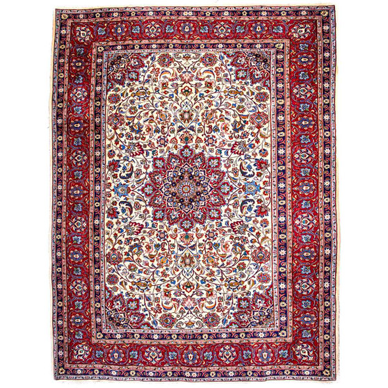 Kashmar Persian Rug 11x8 ft - Semi Antique Afshan Crimson, Ivory Hand Knotted | front view | SKU 112849
