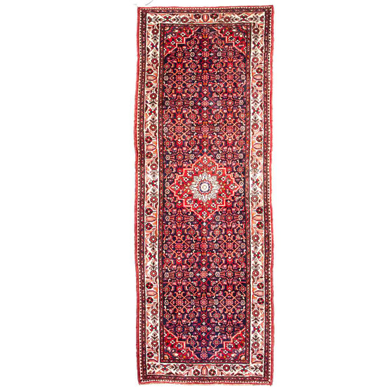 Hosseinabad Persian Rug 10'10" x 3'8" - Semi Antique Medallion Crimson, Ivory Hand Knotted | front view | SKU 112850